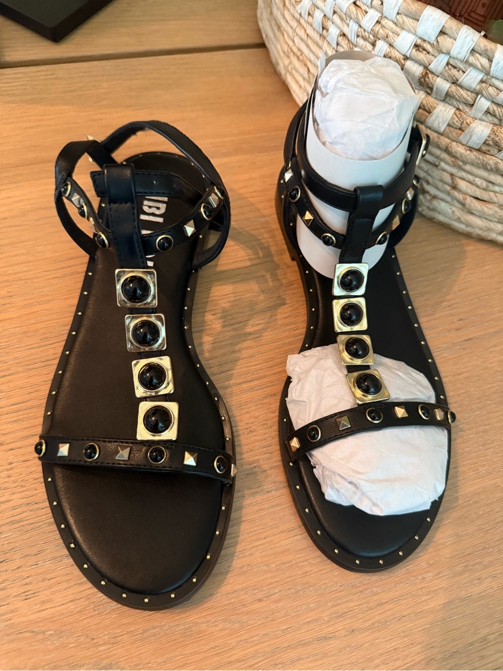 Anthropology Black Studded T-Strap Sandals with Gold Square Accents